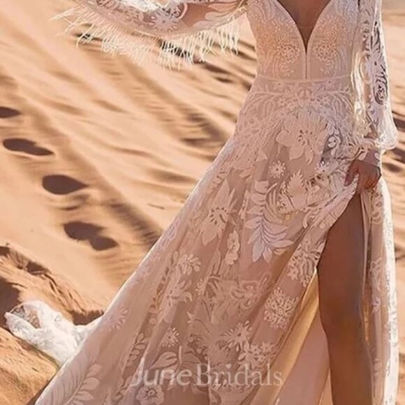 Western Boho A-Line Lace Long Sleeve Wedding Dress - NWT - Picture 1 of 4